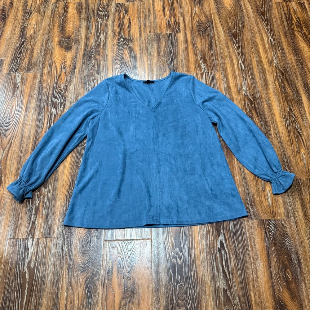 Joh. Womens Blue Faux Suede V-Neck Top Ruffle Cuff Long Sleeve Size Large L